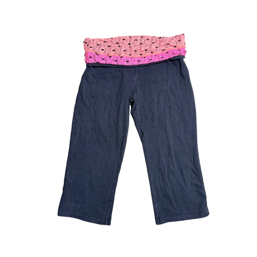 SO Yoga Capri Pants Black Pink Lace Fold Over Waistband Cropped Leggings